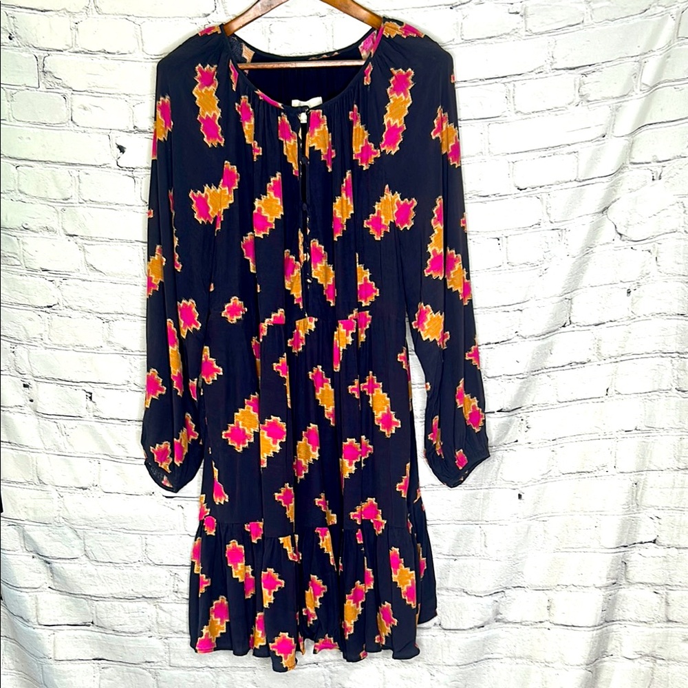 Anthropologie Navy Blue Pink Long Sleeve Dress Size 1X Excellent Condition